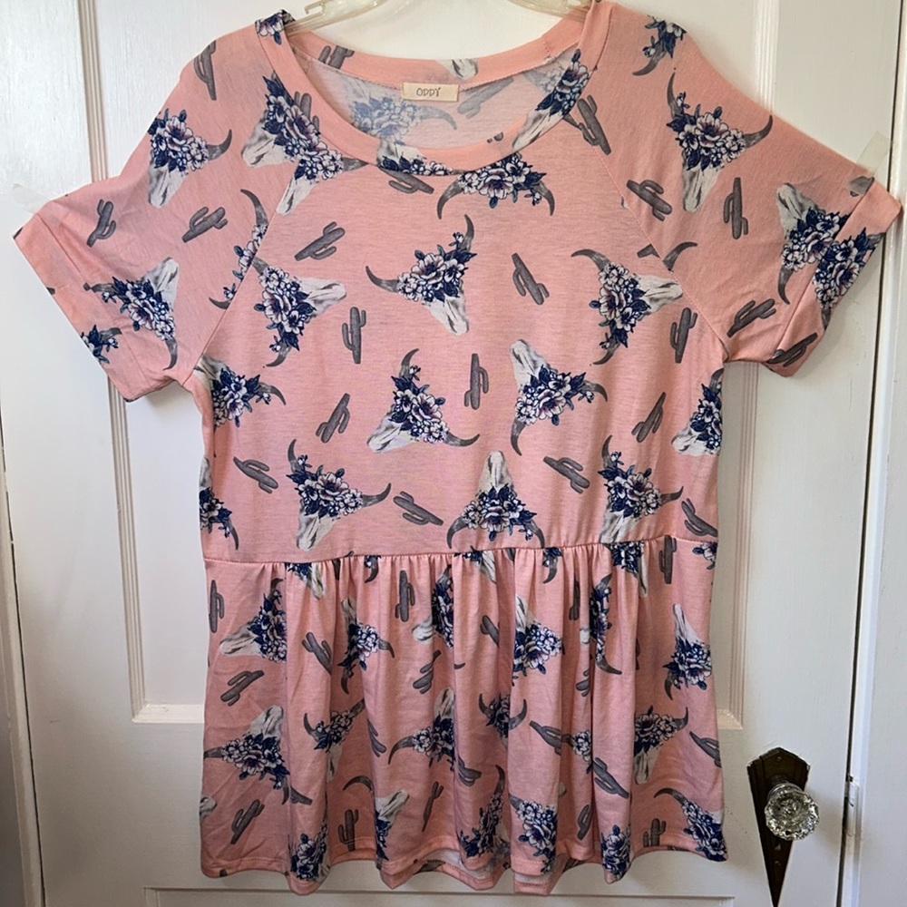 ODDY Pink Western Cactus Cow Skull Floral Print Tunic Top